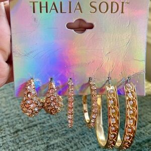 THALIA SODI Crystal & Pearl Look Hoop Earrings  - Set Of 3 Gold Tone - NEW!